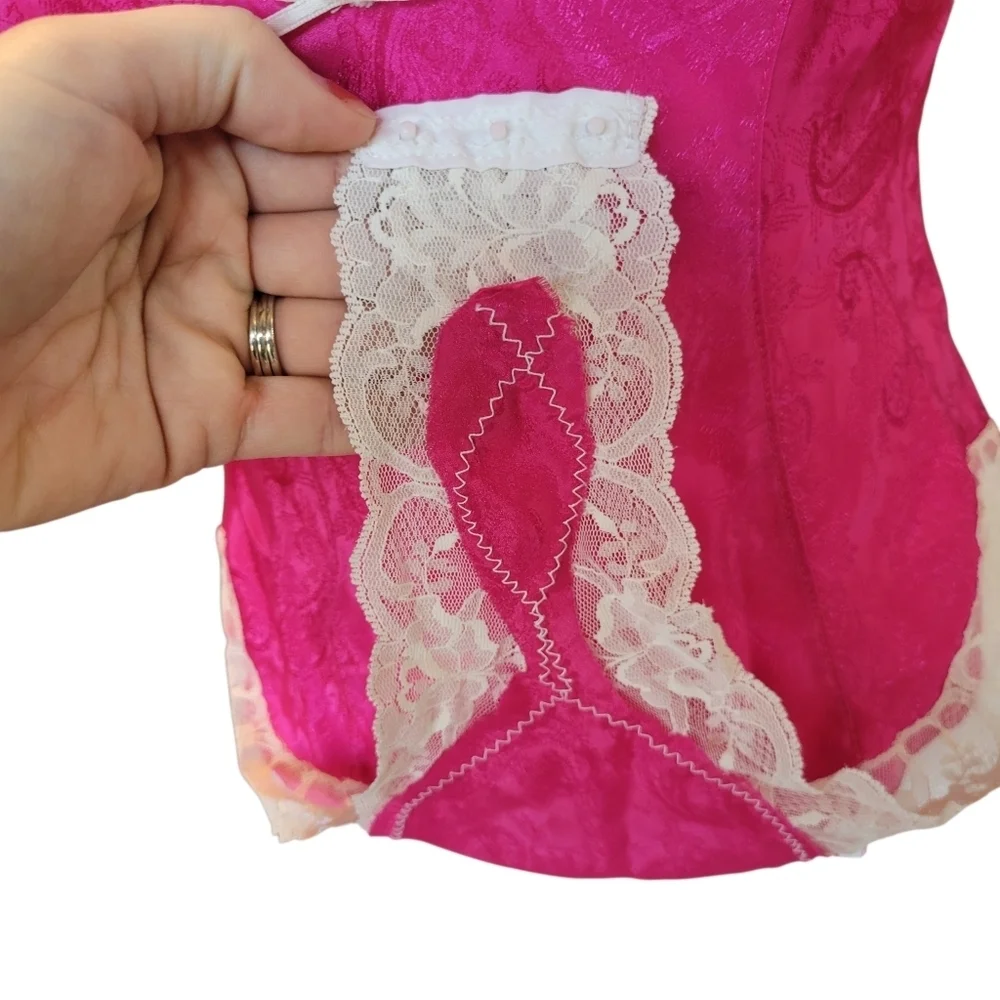 Vintage Delicates Satin Pink Paisley Lace Trim Bodysuit
